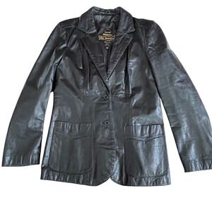 Vintage The Tannery Leather Blazer Jacket Women's 14T Black Classic Button Front